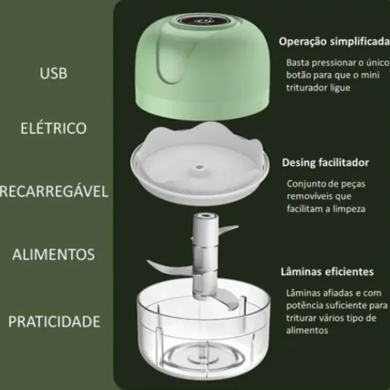 Mini Processador Elétrico de Alimentos Portátil com 3 lâminas de aço inox USB 250 ml Bivolt